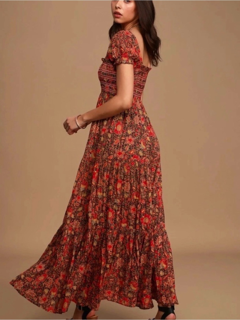Free People Rust Red Floral Smocked Maxi Dress Size M - Picture 2 of 7